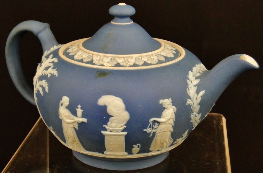 Vintage Blue Wedgwood Jasperware Teapot Grecian Cherubs & Woman Scenes 