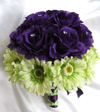 17pc wedding Bouquet Bridal flowers PURPLE GREEN DAISY  