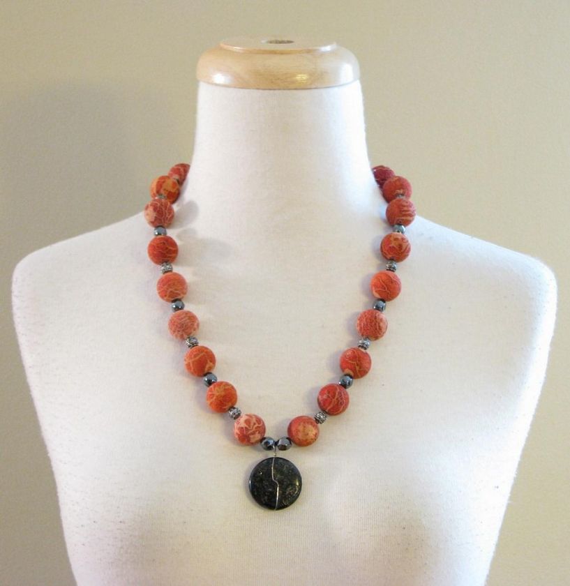 Jumbo Sponge Coral Bead Necklace w Hematite Eudialyte  