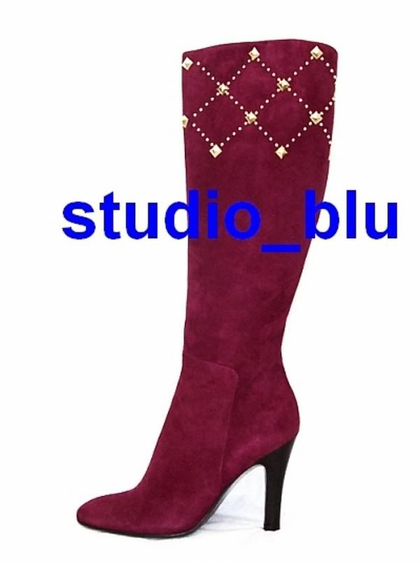 ROBERTO CAVALLI Wine Suede Gold Stud Beaded Boots 37.5  