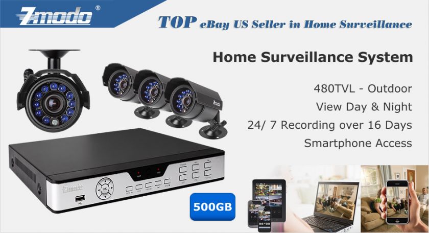 ZMODO 4 CH CCTV Security IR Camera DVR System 500GB  