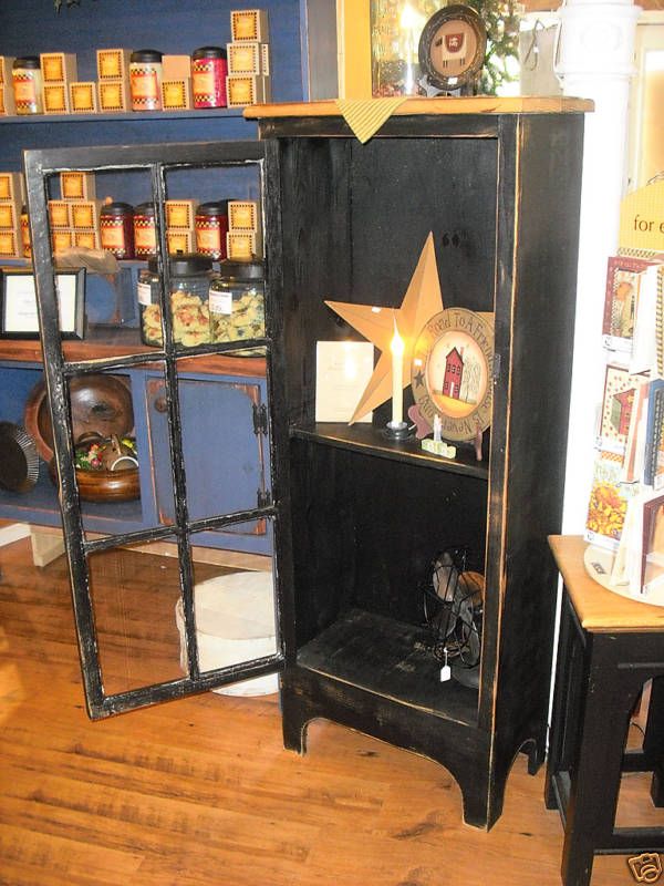 PRIMITIVE BARN WOOD CABINET W/ ANTIQUE GLASS DOOR  