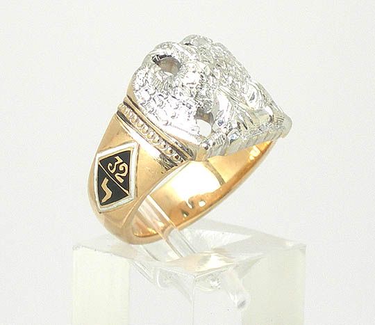 BEAUTIFUL ESTATE 14K 2 TONE GOLD & ENAMEL MASONIC RING  