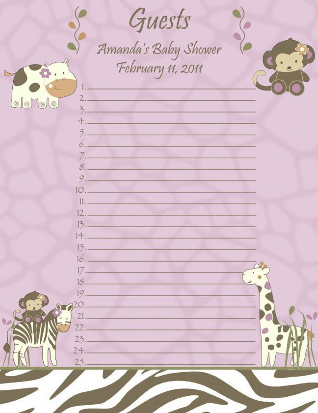 Personalized Cocalo Jacana Baby Shower Guest List   Zebra, Giraffe 