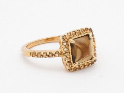 18K YELLOW GOLD SILVER DIAMOND SET SMOKEY TOPAZ RING  