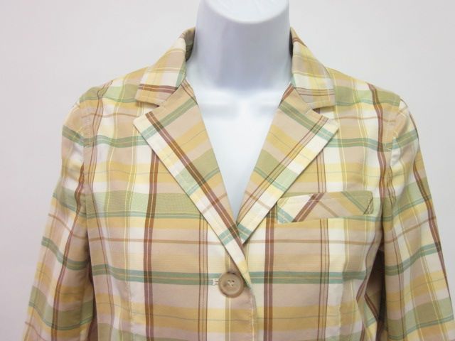 THEORY Yellow Grn Plaid 3/4 Length Sleeve Blazer Sz 8  