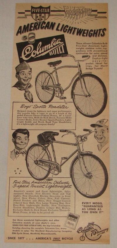 1952 COLUMBIA bicycle ad ~ 5 Star American Lightweights  