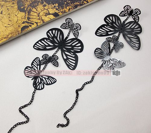 BLACK ELEGANT BUTTERFLY STUD EARRING WITH LONG TASSEL  