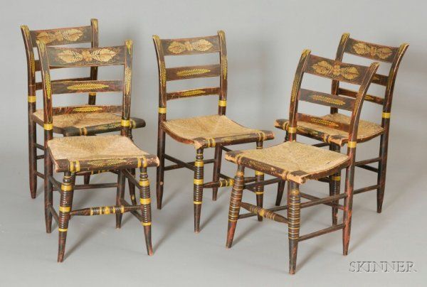 ANTIQUE 5 FANCY PAINTED SIDE CHAIRS C.1830 RUSH SEATS  
