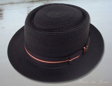 Biltmore Black Porkpie Style Straw Hat w/Stripped Band  