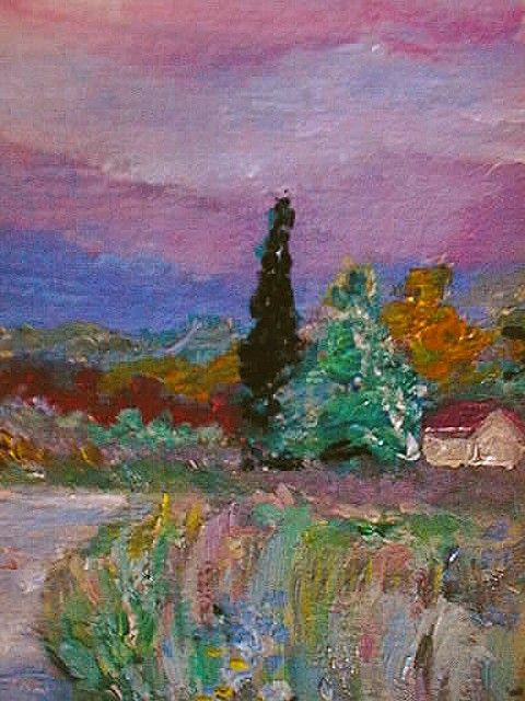 OIL PAINTING VIVID FRENCH PROVENCE LANDSCAPE SUNSET  