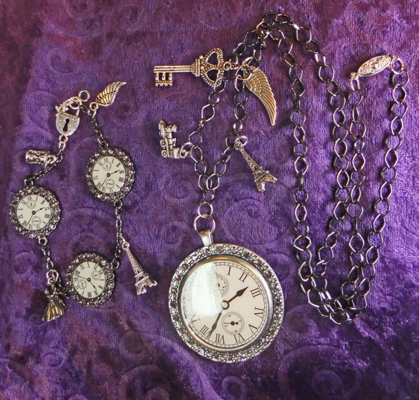   Necklace & Bracelet SET Clockface Pewter Chain Charms Key Wing Train