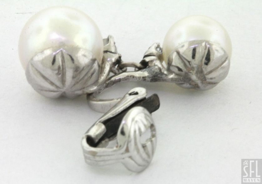 VINTAGE 14K WHITE GOLD DIAMOND/8.9mm PEARL CLIP ON DANGLE EARRINGS 