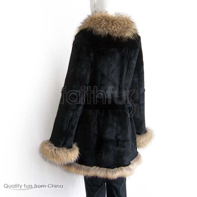 Sheared Rabbit Fur Jacket/Coat with Racoon Fur trimed  