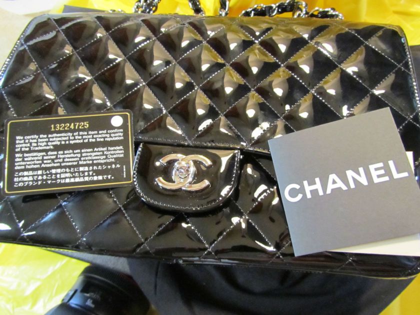 100% Authentic CHANEL Classic Flap Jumbo Black Patent Leather Shoulder 