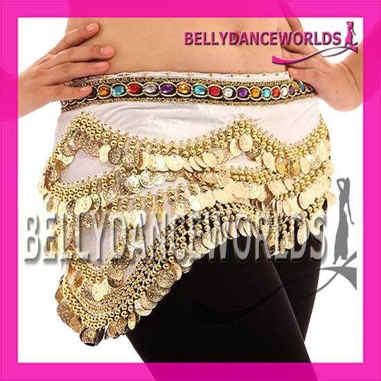 BELLY DANCE FAUX GEMSTONE HIP SCARF SKIRT GOLD COIN 4CL  