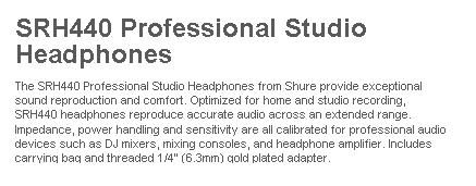 Shure SRH440 Professional Studio Headphones Earphones  