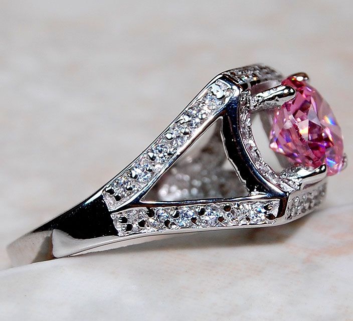 Pink Sapphire & White Topaz 925 Solid Sterling Silver Ring Sz 7  