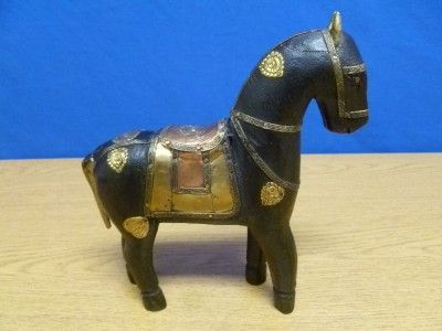 Antique Wooden Horse Decorated In Brass & Copper T74  