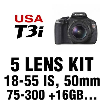 USA Canon Model T3i 600D + 5 Lens 18 55 IS II + 50 + 75 300 +16GB 