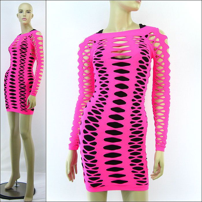 Sexy Fishnet MIni Dress Long Sleeve Laser Cut Fuschia  