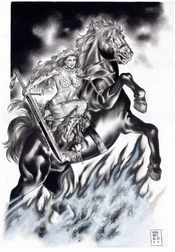   STORMBRINGER SONJA ON HORSEBACK ORIGINAL ART BY GENE ESPY  