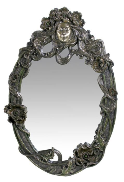 Bronze Colorhue Art Nouveau Mirror Nymph Face Poppies  