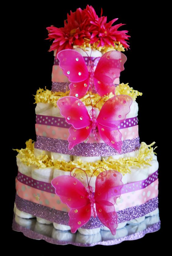 Girl Baby Shower Gift Pink Purple Butterfly Diaper Cake  