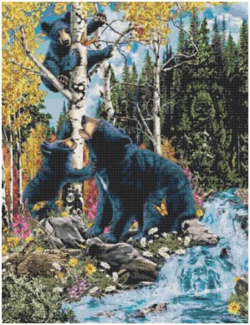 THREE BLACK BEARS COUNTED CROSS STITCH PATTERN  