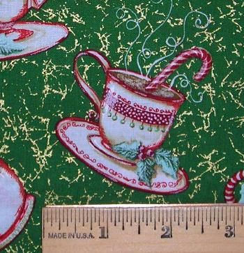   gold squiggles, teacups and mugs of hot cocoa with peppermint sticks