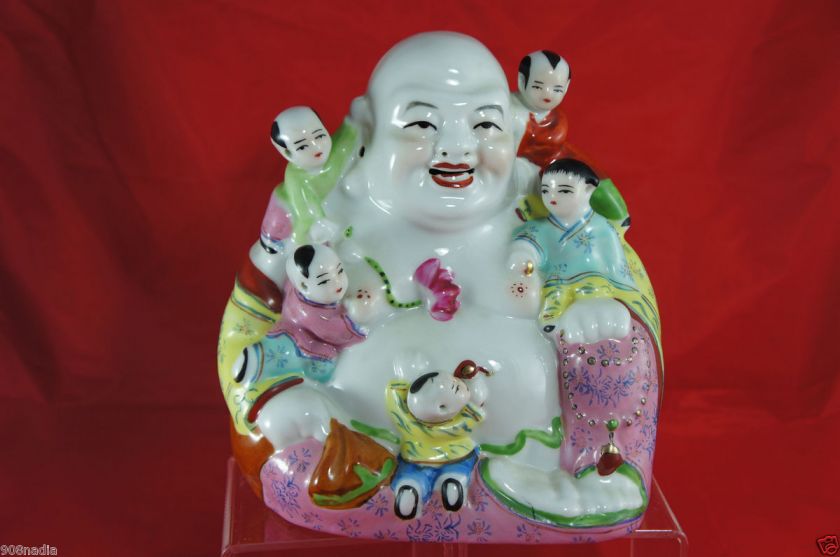   SITTING LAUGHING BUDDHA,5 CHILDREN/KIDS STATUE FIGURINE MARKED  