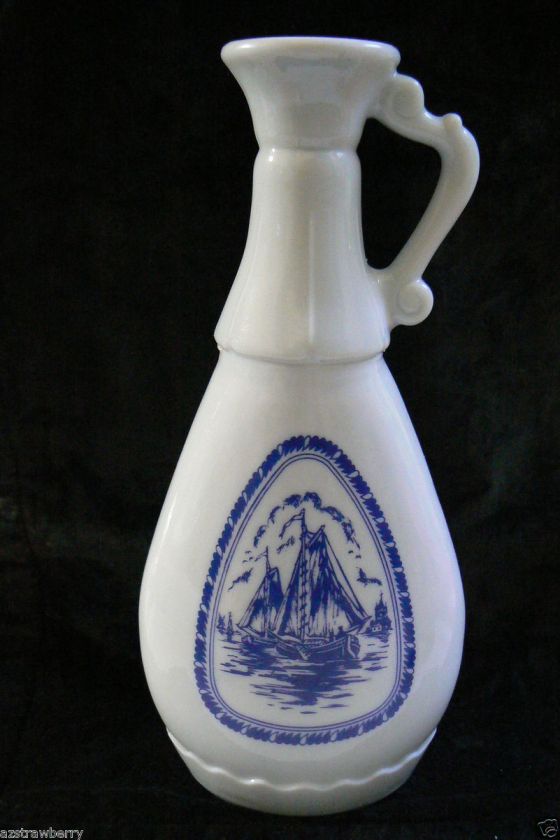 Vintage Jim Beam Delft Blue Milk Glass Decanter Bottle Windmill & Sail 