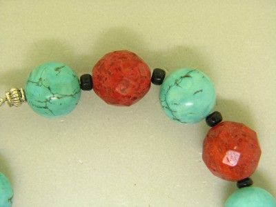 SILVER GENUINE CORAL TURQUOISE 8 VINTAGE BRACELET  