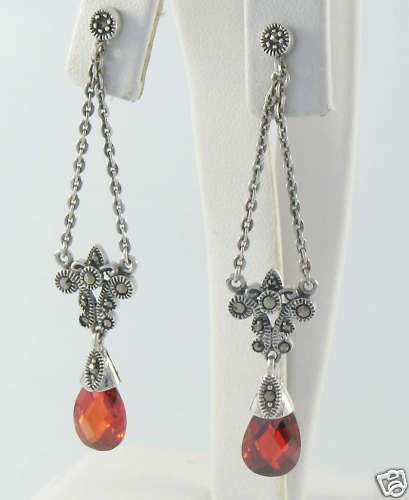 Marcasite Sterling Silver Dangle Garnet Unique Earrings  