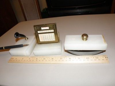 1930s polished onyx desk set blotter, pen, calendar  