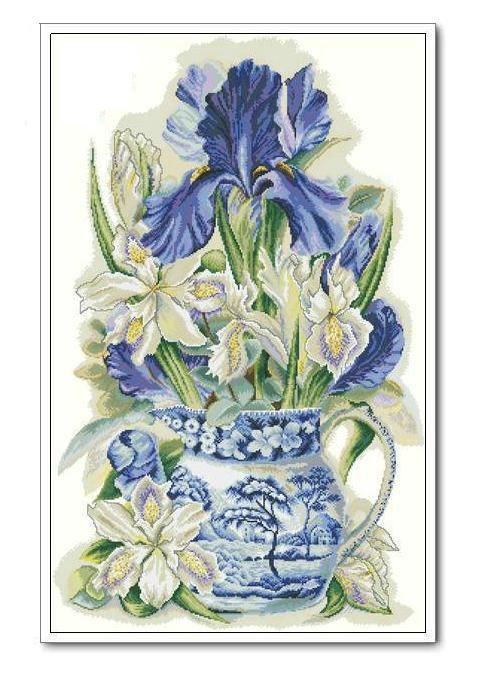   Blue Iris Flowers in Blue Vase   With DMC floss and Korean Aida  