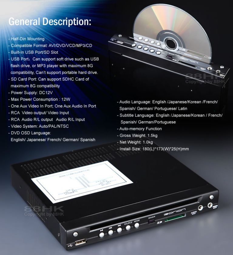 Half Din AVI/DVD/VCD//CD Player Built in SD/USB Port