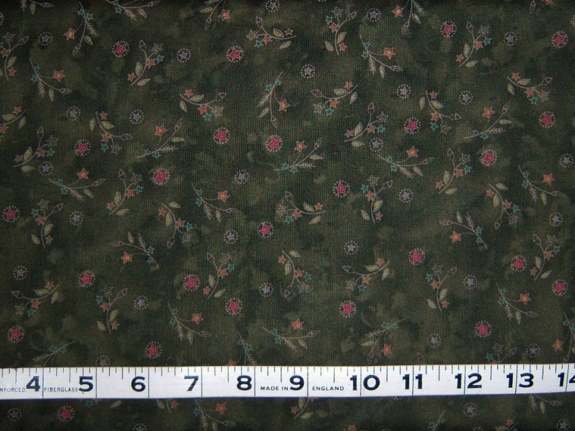 Primitive Fall Muted Green Star Flower Doll Fabric PR403  