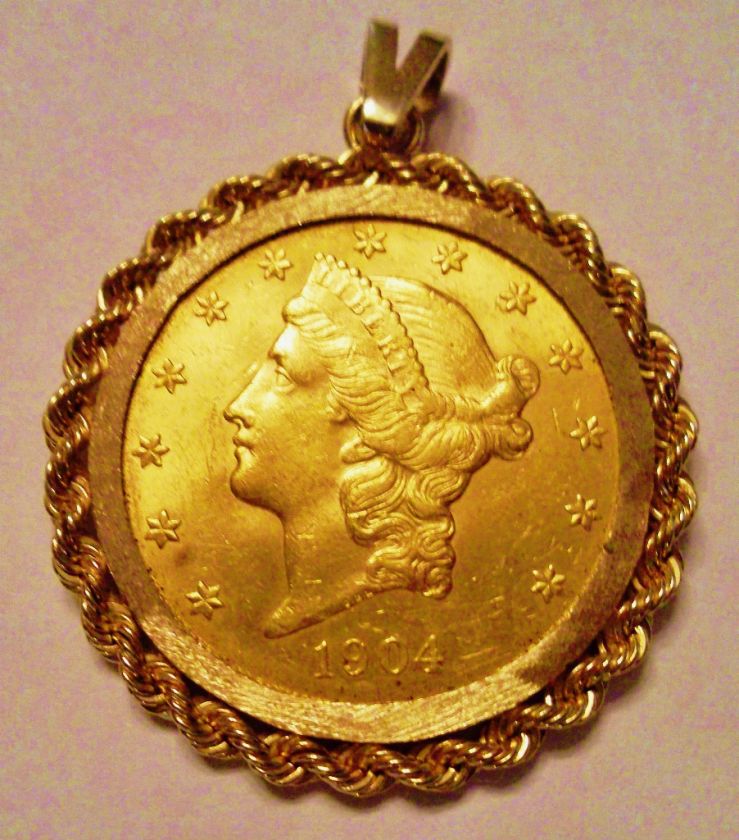 20 GOLD COIN DOUBLE EAGLE 1904 LIBERTY HEAD   18 CARAT BEZEL  