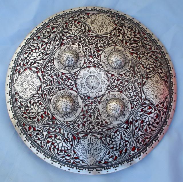 TRADITIONAL SILVER BIDAREE WORK SHIELD ARMOUR INDIAN  