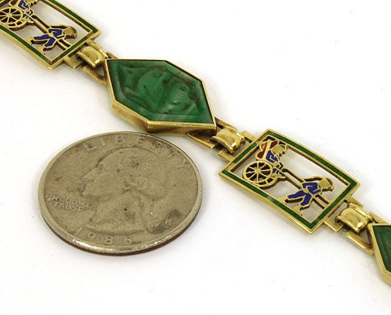 VINTAGE 14K GOLD HAND CARVED JADE & ENAMEL BRACELET  