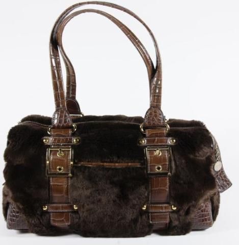 Kathy Van Zeeland Brown Faux Fur Crocodile Embossed Shoulder Bag Purse 