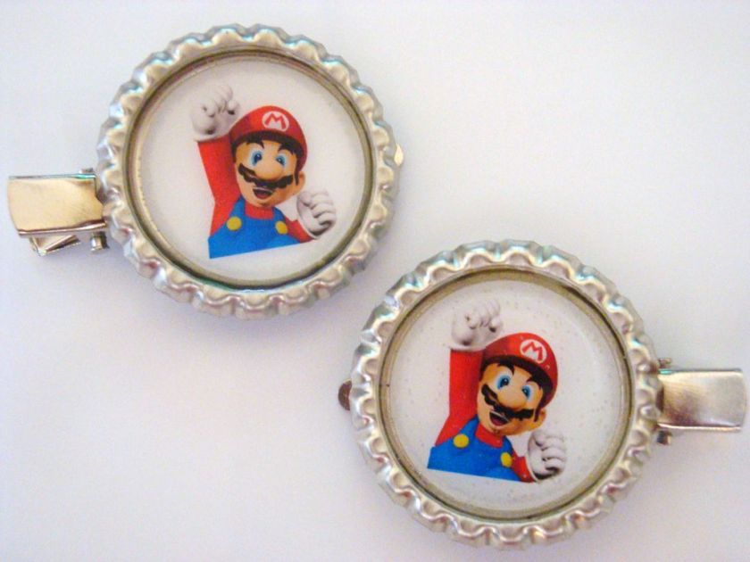 SUPER MARIO BROS HAIR CLIPS BARRETTES PINS BOTTLE CAPS  