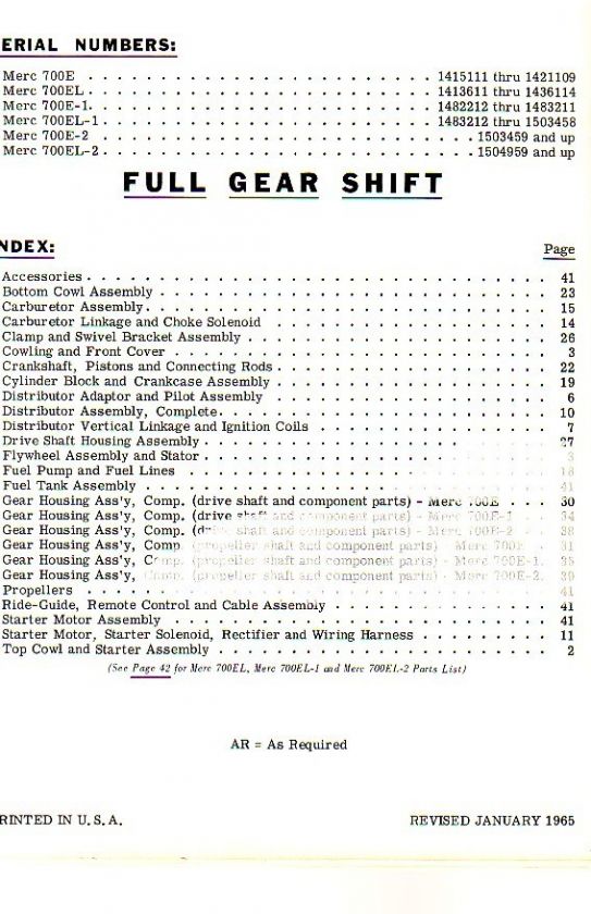 1965 Mercury 70 HP Outboard Motor Parts Catalog [Manual] 42 Pages 