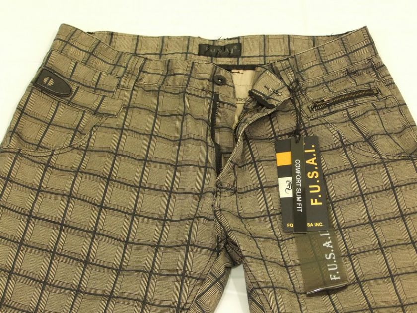 Mens F.U.S.A.I. Pants Beige Plaid Slim Fit 34x30  