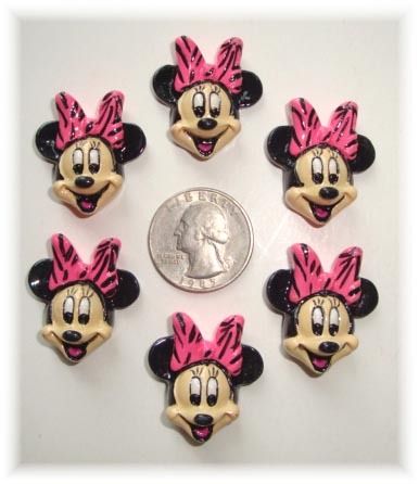 6PC MINNIE HOT PINK ZEBRA BOW FLATBACK RESINS FLAT BACK  