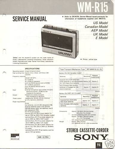 Original Sony Service Manual WM R15 Cassette recorder  