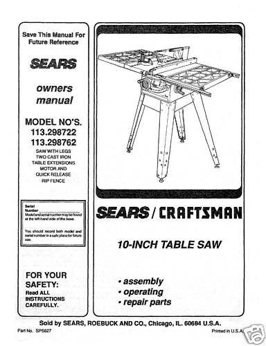  Craftsman Table Saw Manual Model # 113.298722  