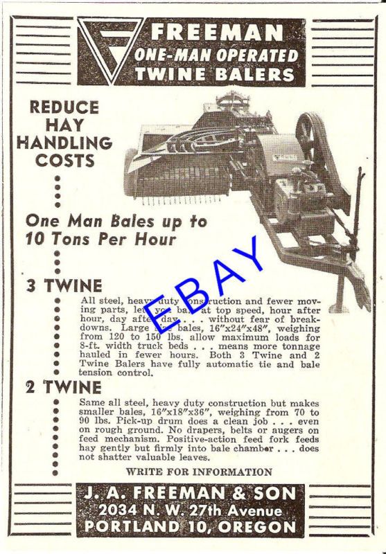 1953 FREEMAN ONE MAN TWINE TIE HAY BALER AD PORTLAND OR  