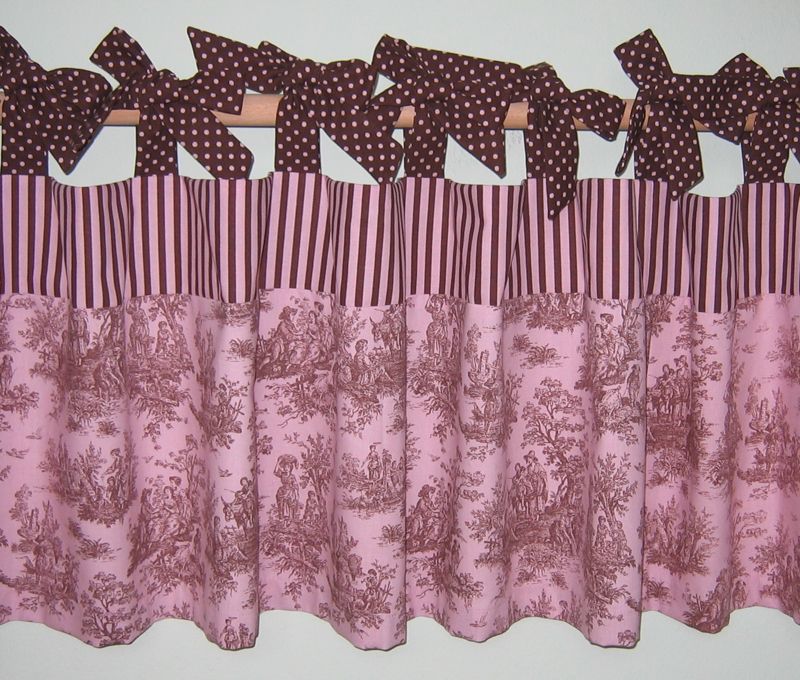 PINK AND BROWN FRENCH CHIC TOILE TIE TAB VALANCE  